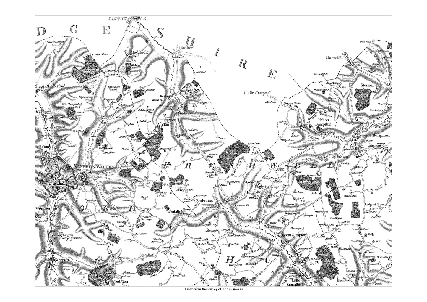 Saffron Walden, Debden, Sampford, Hadstock, old map Essex 1777