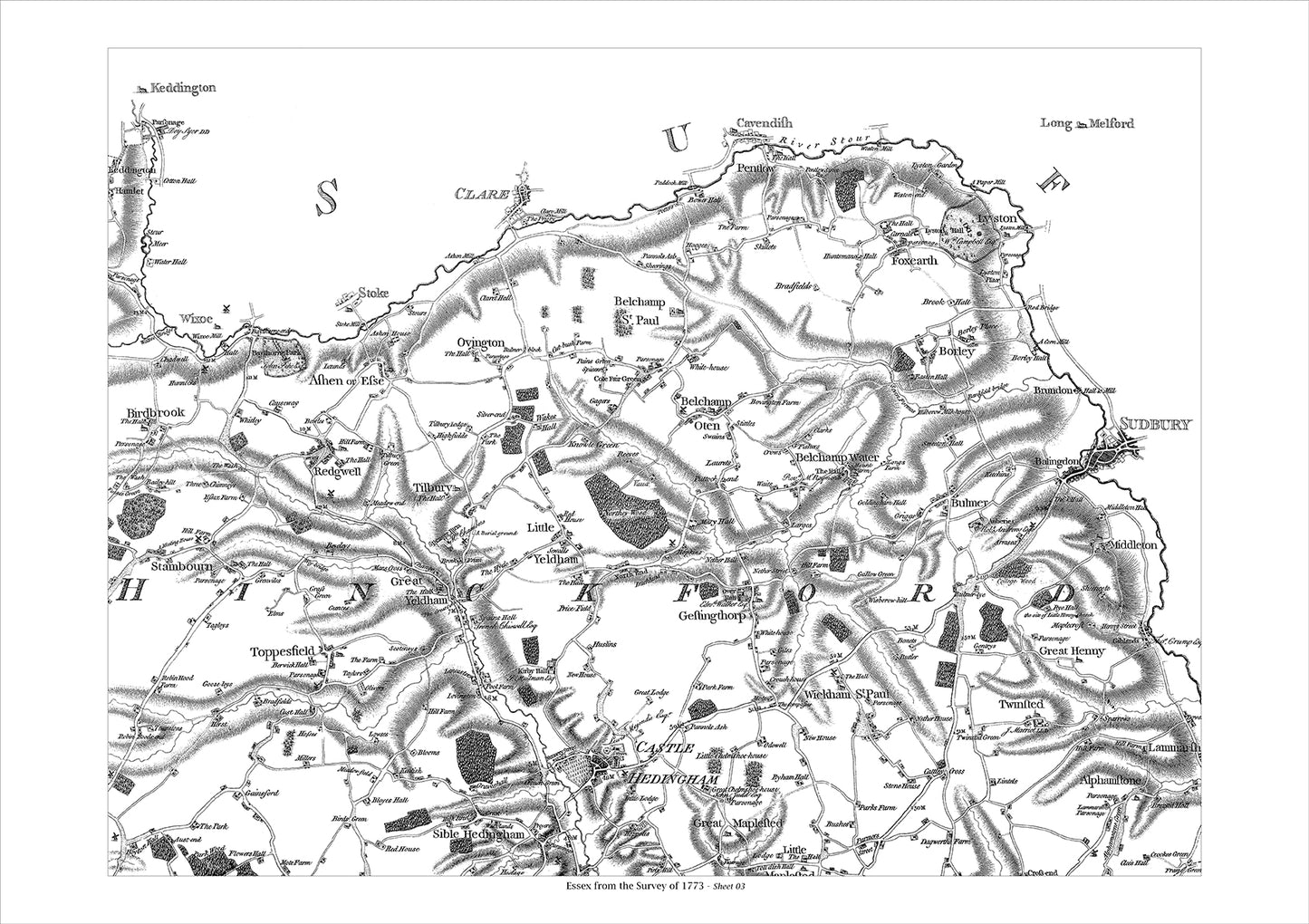 Castle Hedingham, Yeldham, Foxearth, Birdbrook, old map Essex 1777