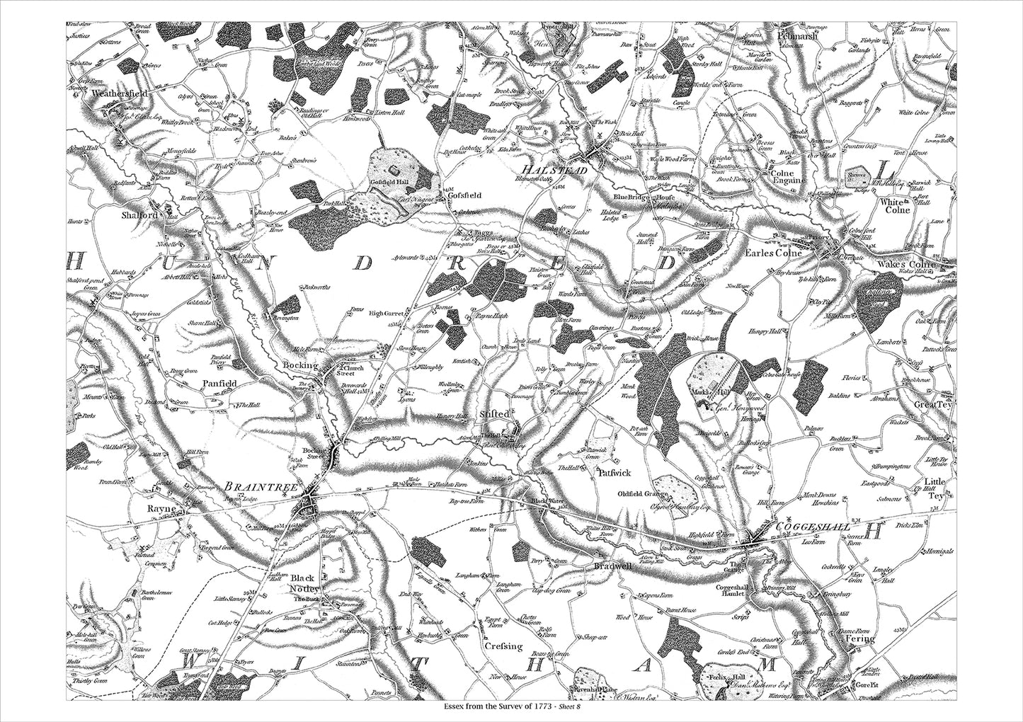Braintree, Coggeshall, Halstead, Shalford, old map Essex 1777