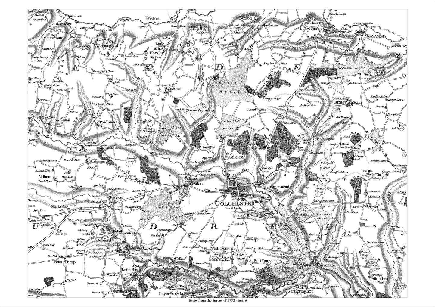 Colchester, Wivenhoe, Copford, Wormingford, Dedham, old map Essex 1777