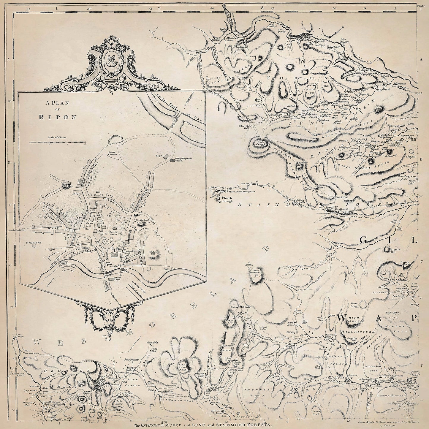 Yorkshire in 1771 sheet 1-1 - features a plan of Ripon, and shows the Newbiggin, Mickleton, Muker, Lune Forest, Stainmoor Forest area