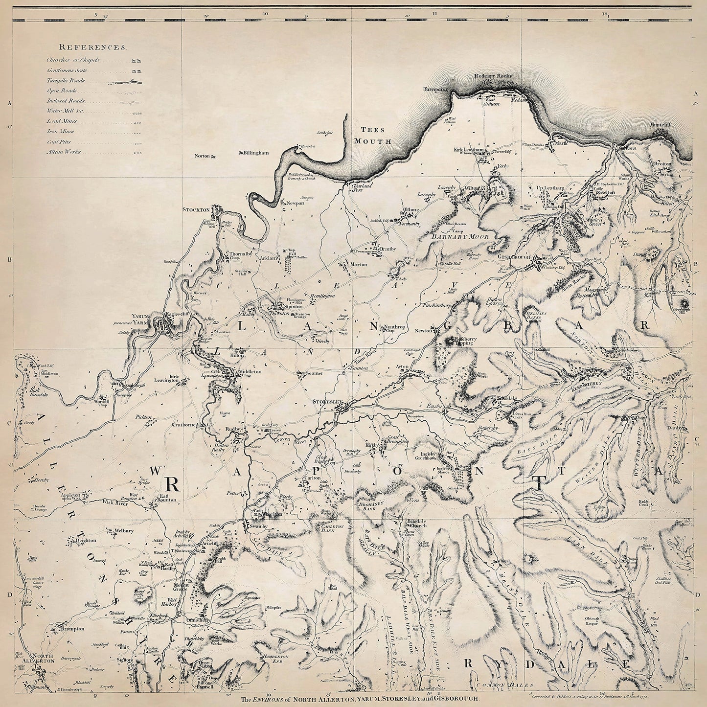 Yorkshire in 1771 sheet 1-3 - shows the Yarm, Stokesley, Gisborough, North Allerton area