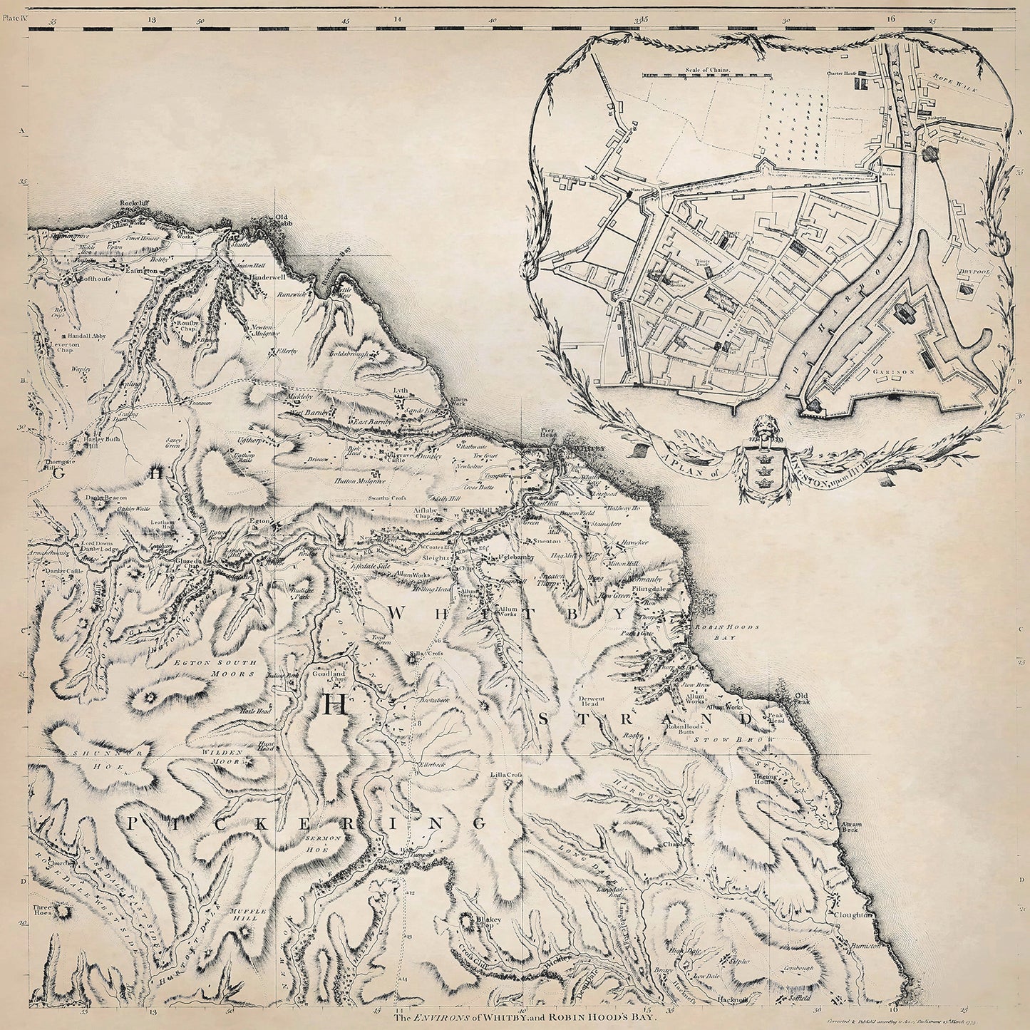 Yorkshire in 1771 sheet 1-4 - features a Plan of Kingston upon Hull and shows the Whitby and Robin Hood Bay area
