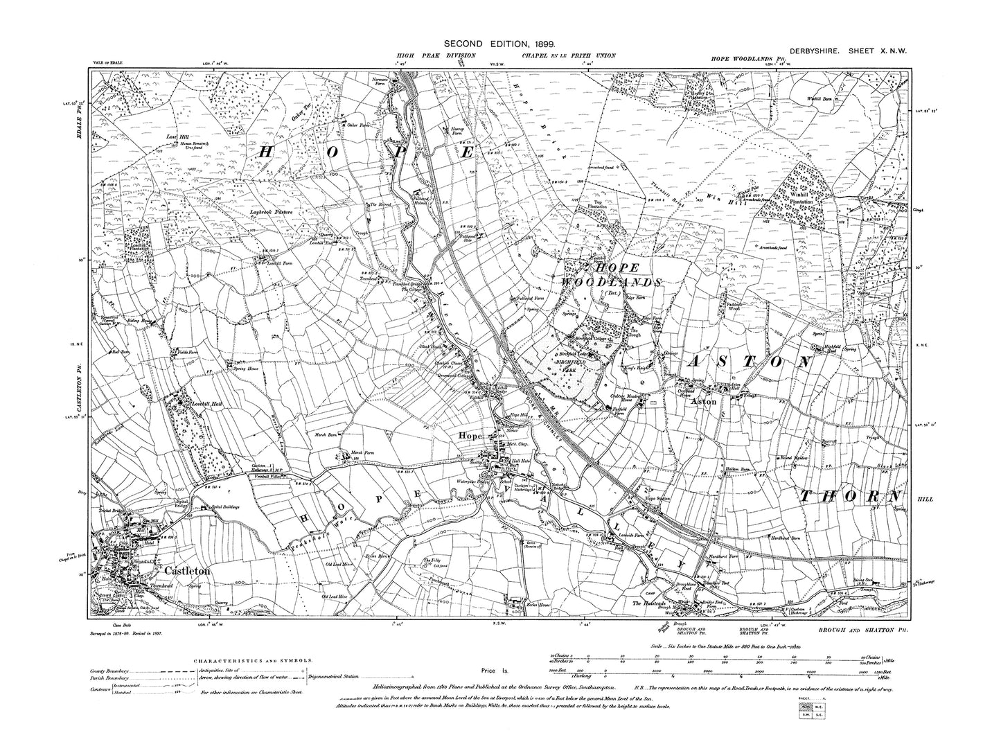 Old OS map dated 1899, showing Castleton, Hope in Derbyshire 10NW