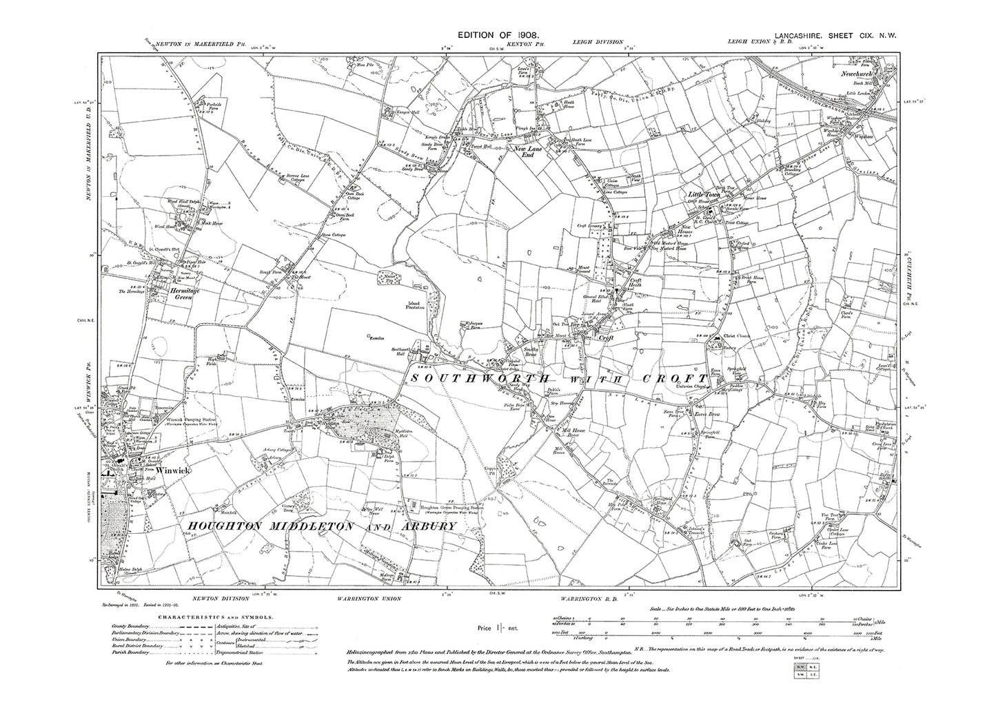Winwick, Croft, Little Town - Lancashire in 1908 : 109NW