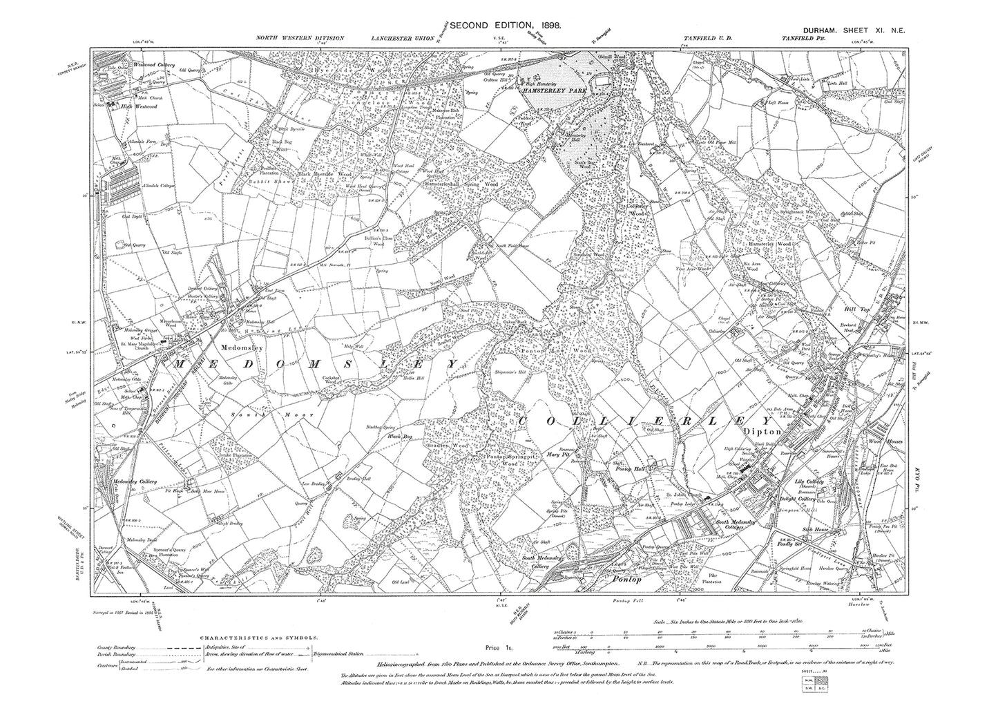 Old OS map dated 1898, showing Dipton and Medomsley in Durham - 11NE