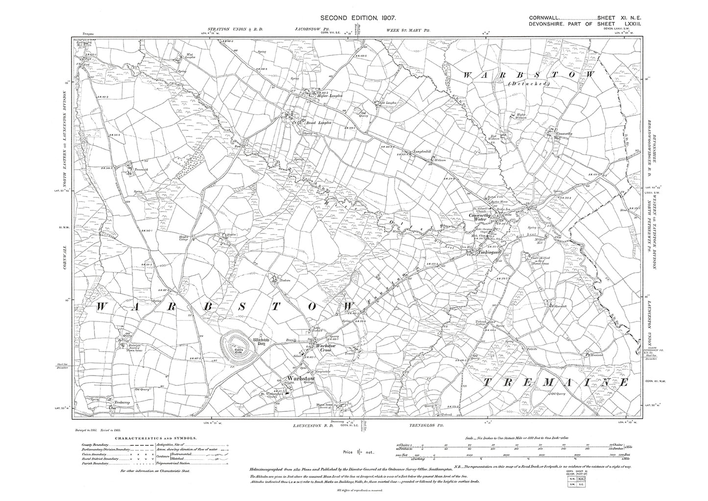 Warbstow, Langdon, Canworthy Water, old map Cornwall 1907: 11NE