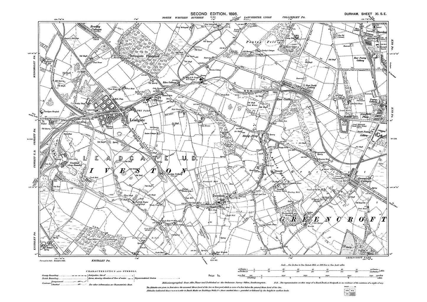 Old OS map dated 1898, showing Leadgate, Iveston and East Castle in Durham - 11SE