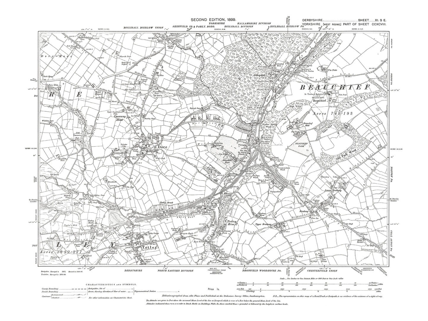 Old OS map dated 1899, showing Dore, Totley, Totley Rise in Derbyshire 11SE