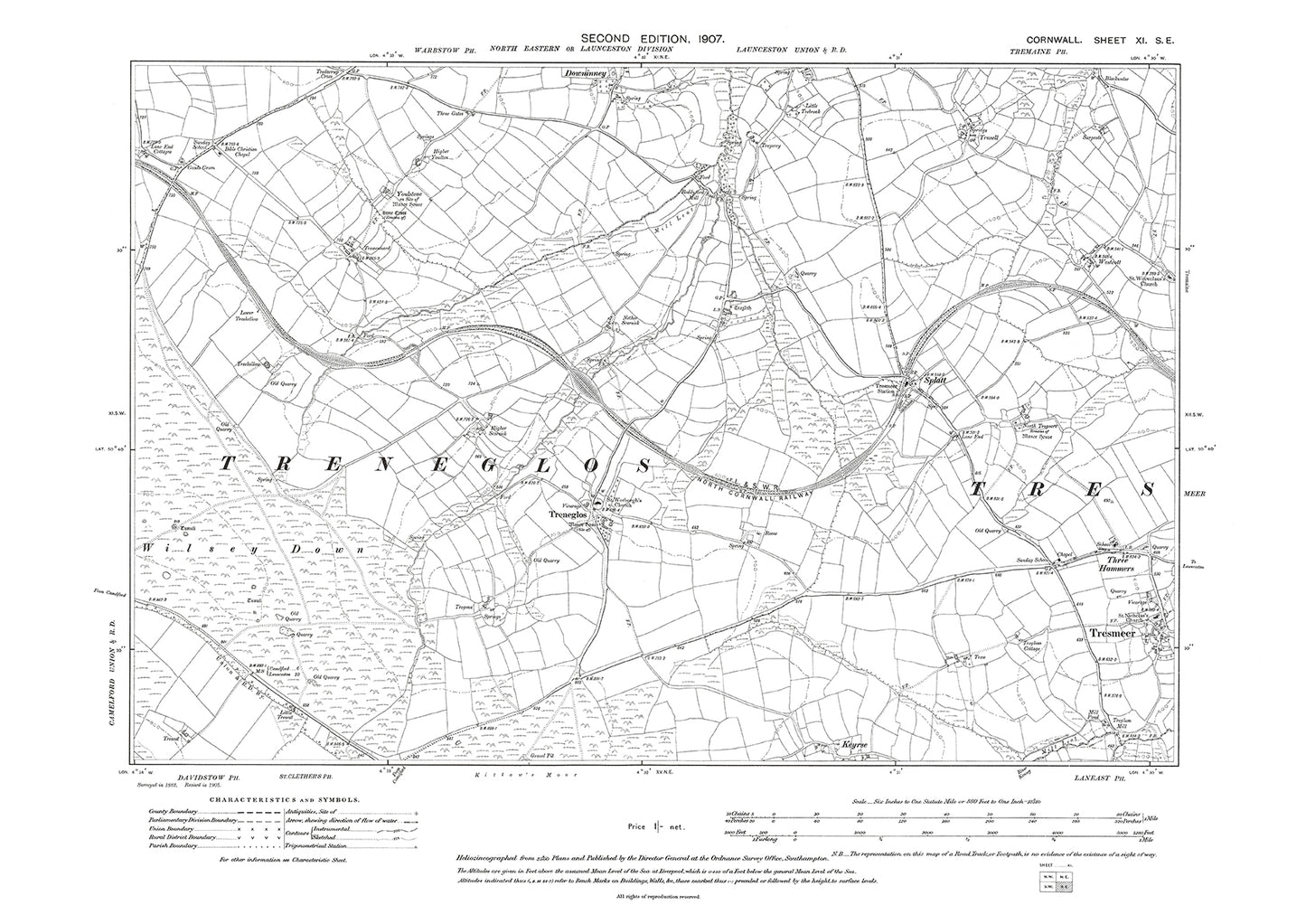 Treneglos, Tresmeer (west), Splatt, Downinney (south), old map Cornwall 1907: 11SE