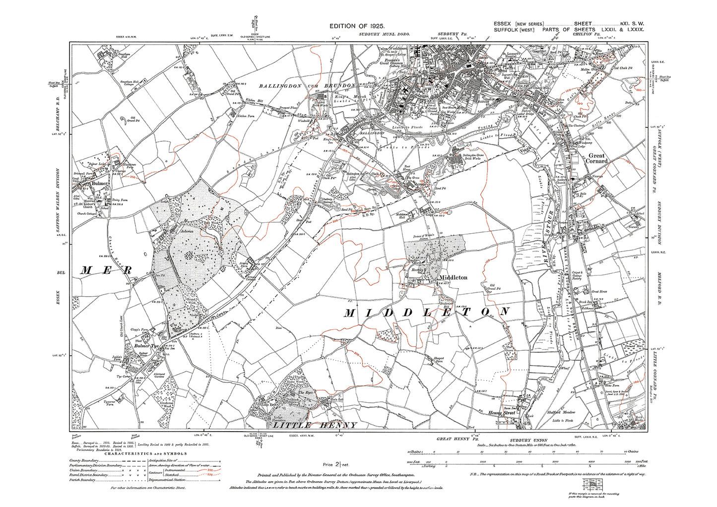 Old OS map dated 1925, showing Bulmer, Bulmer Tye and Middleton in Essex - 11SW