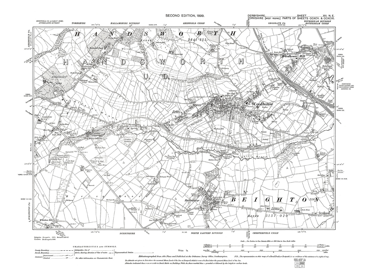 Old OS map dated 1899, showing Woodhouse, Woodhouse Mill, Hackenthorp in Derbyshire 12NE