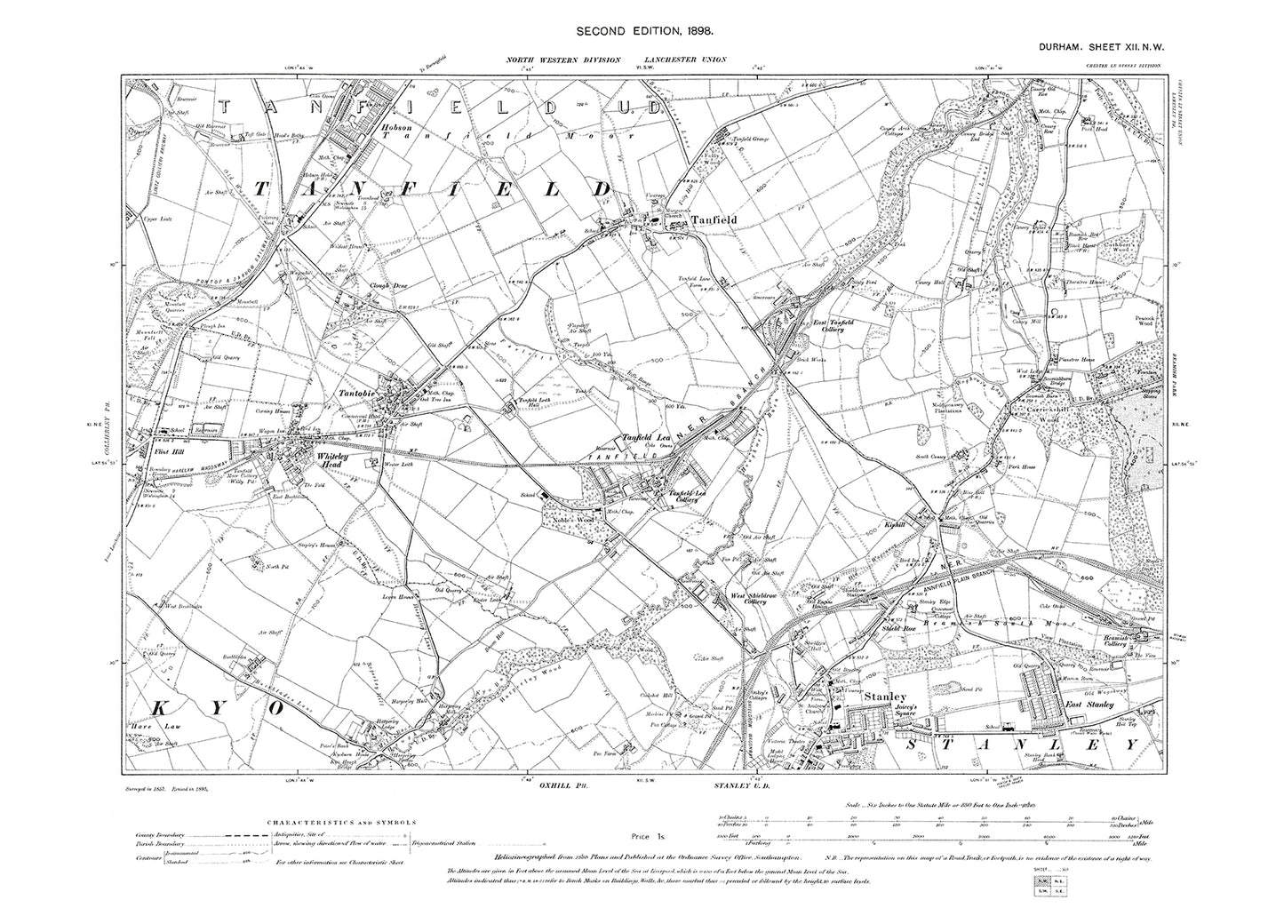 Old OS map dated 1898, showing Stanley and Tanfield in Durham - 12NW