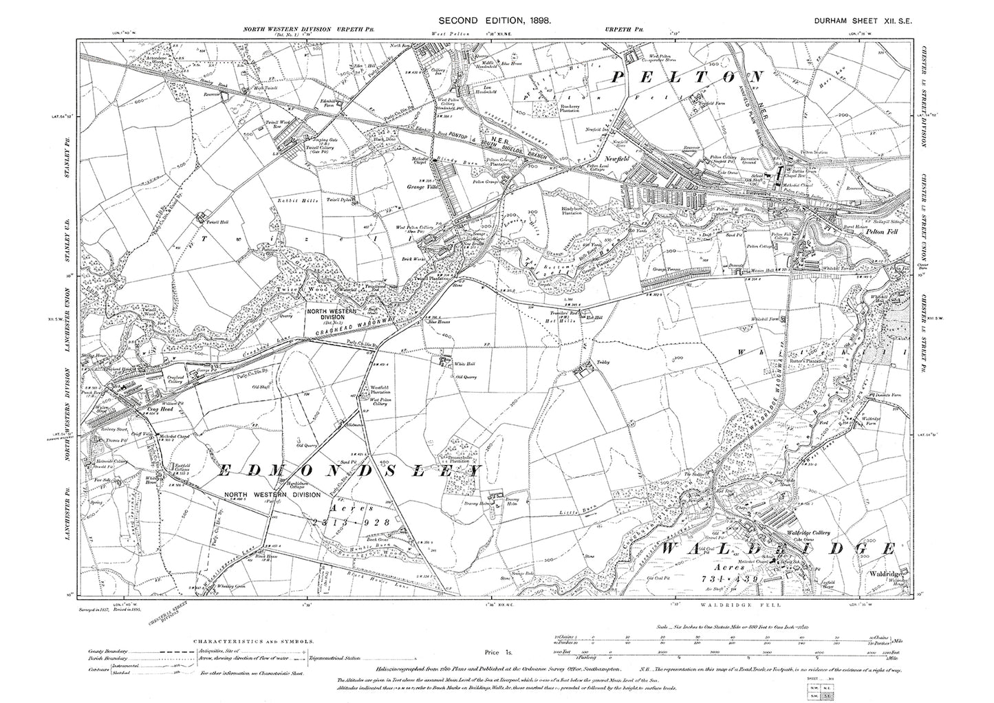 Old OS map dated 1898, showing Pelton (west), Newfield, Crag Head and Waldridge Colliery in Durham - 12SE