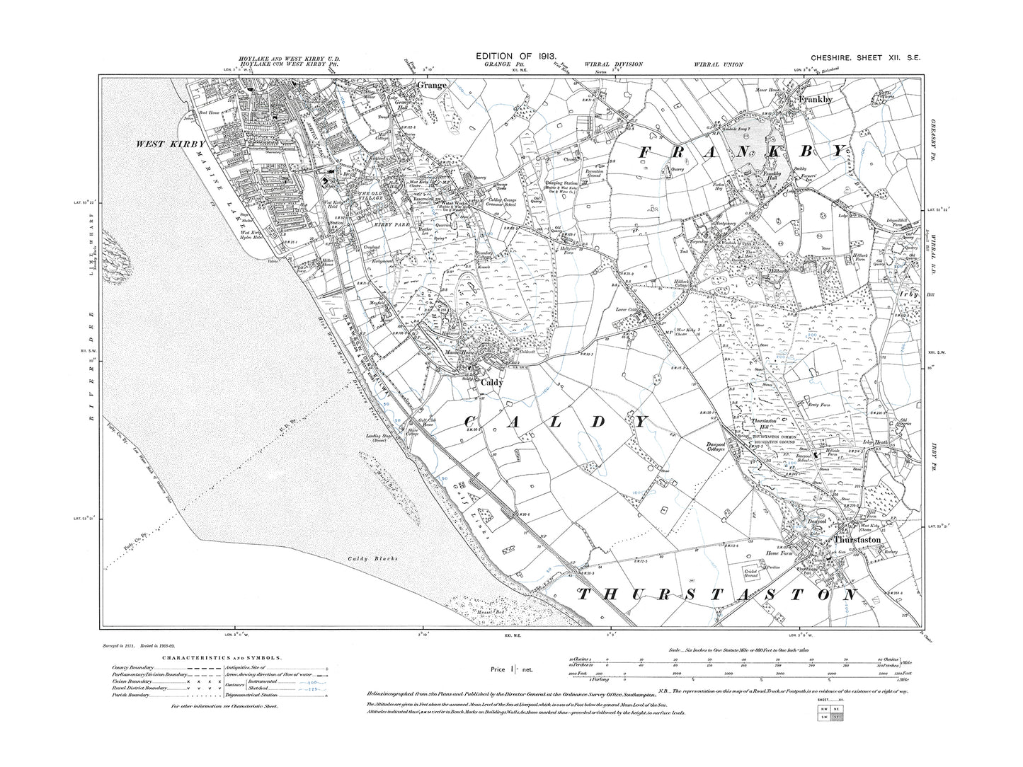 Old OS map dated 1913, showing West Kirby (south), Grange (south), Frankby in Cheshire 12SE