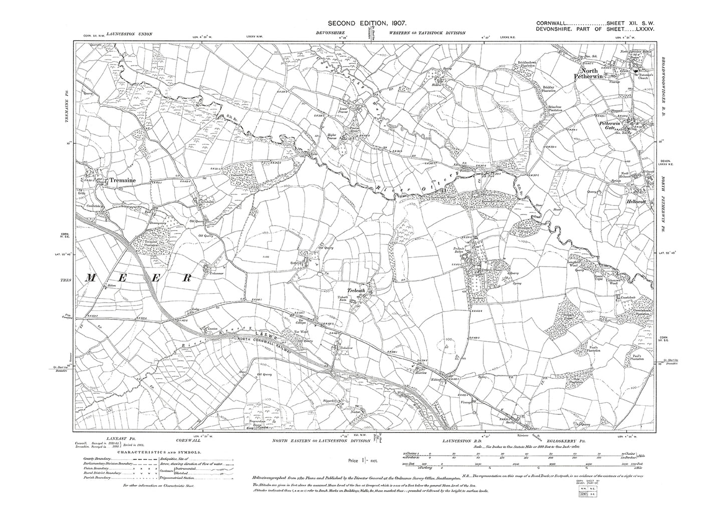 Tremaine, Trebeath, old map Cornwall 1907: 12SW