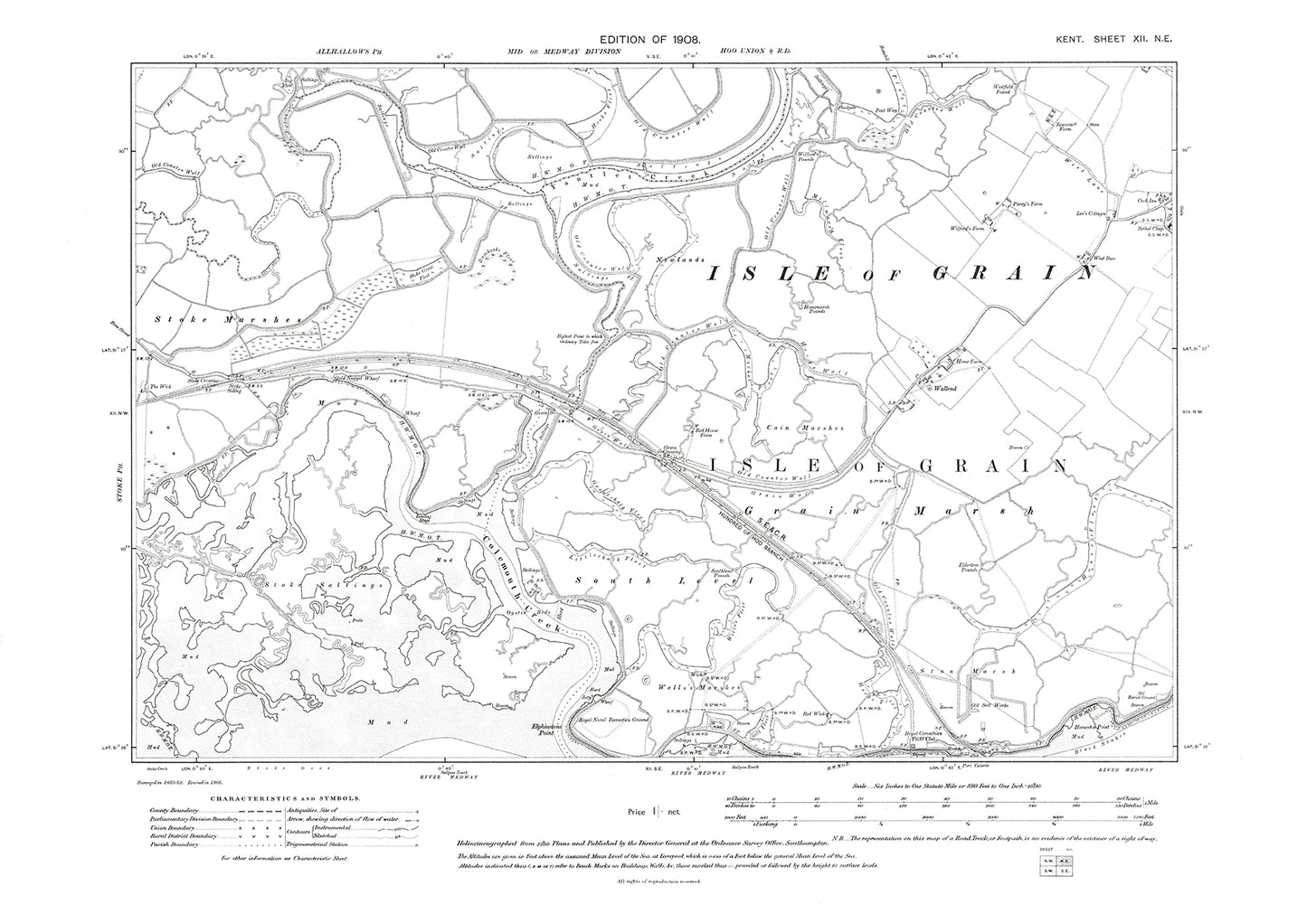 Isle of Grain, old map Kent 1908: 12NE