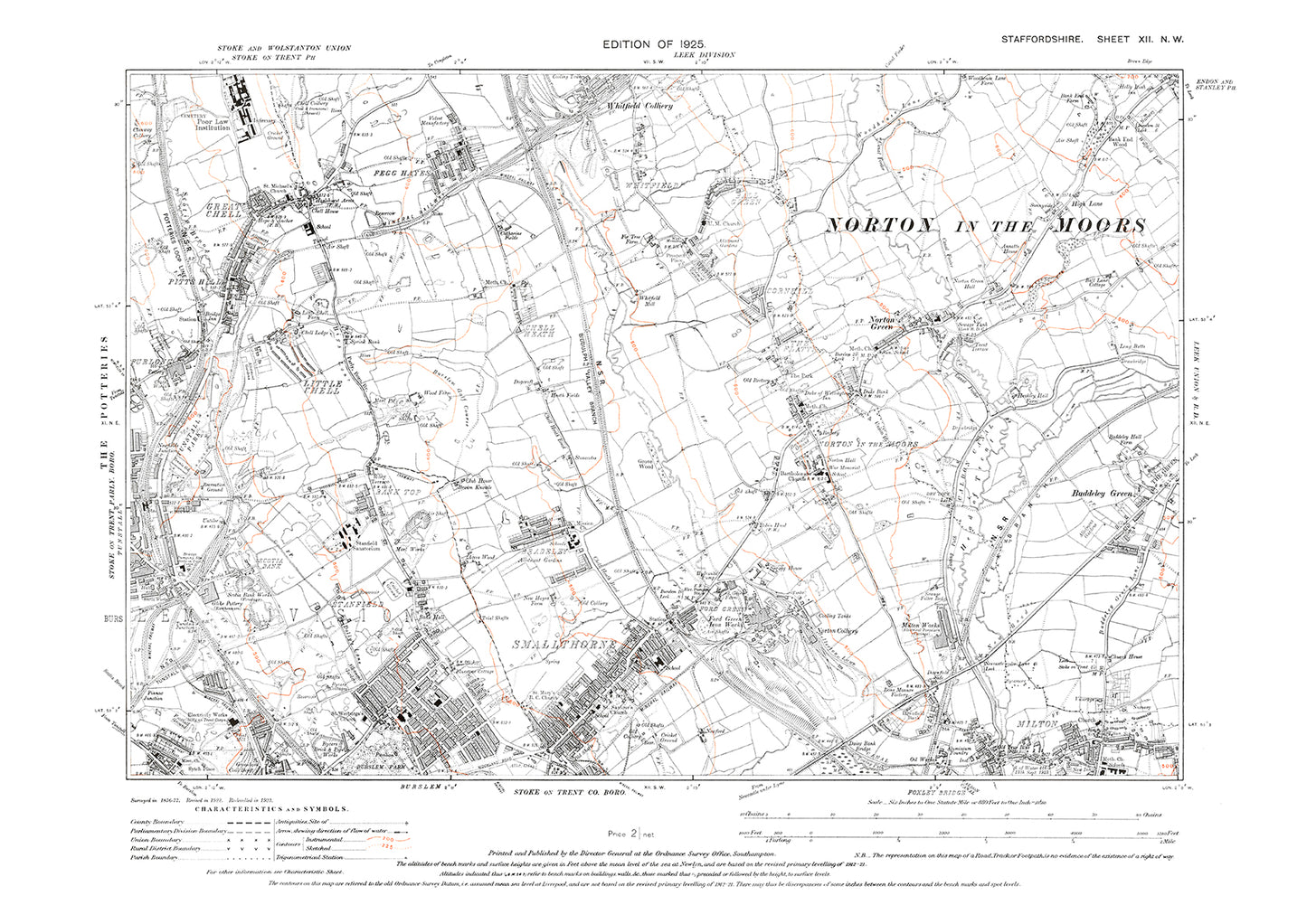 Milton (north), Norton in the Moors, Cornhill, Ford Green, old map Staffs 1925: 12NW