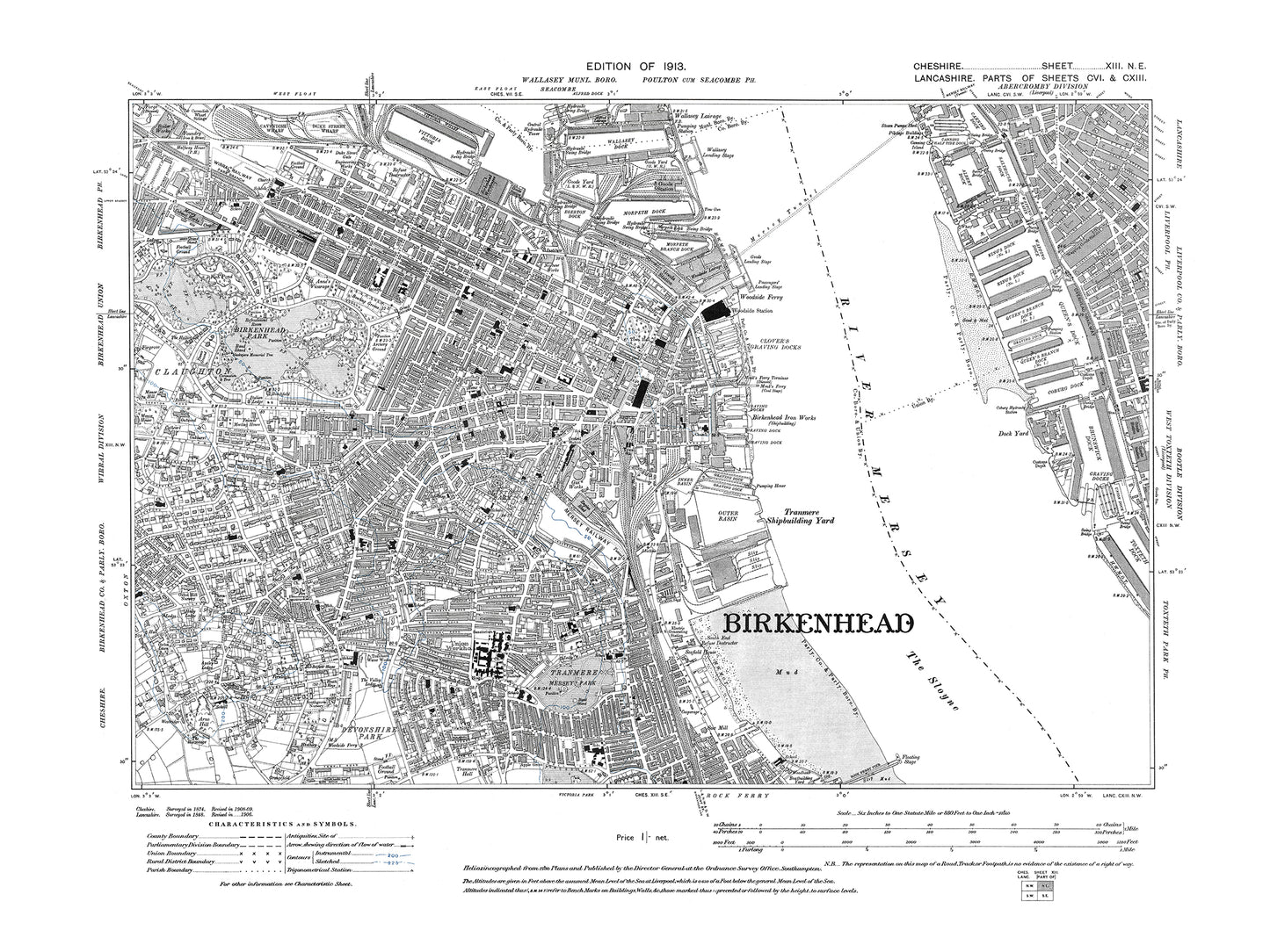 Old OS map dated 1913, showing Birkenhead, Claughton (east), Seacombe (south) in Cheshire 13NE