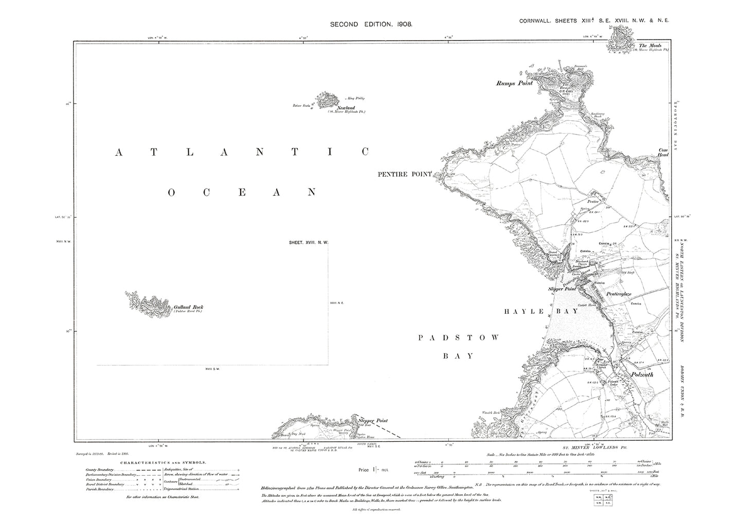 Pentire Point, Pentireglaze, Padstow Bay, Polzeath, old map Cornwall 1908: 13SE-18NW