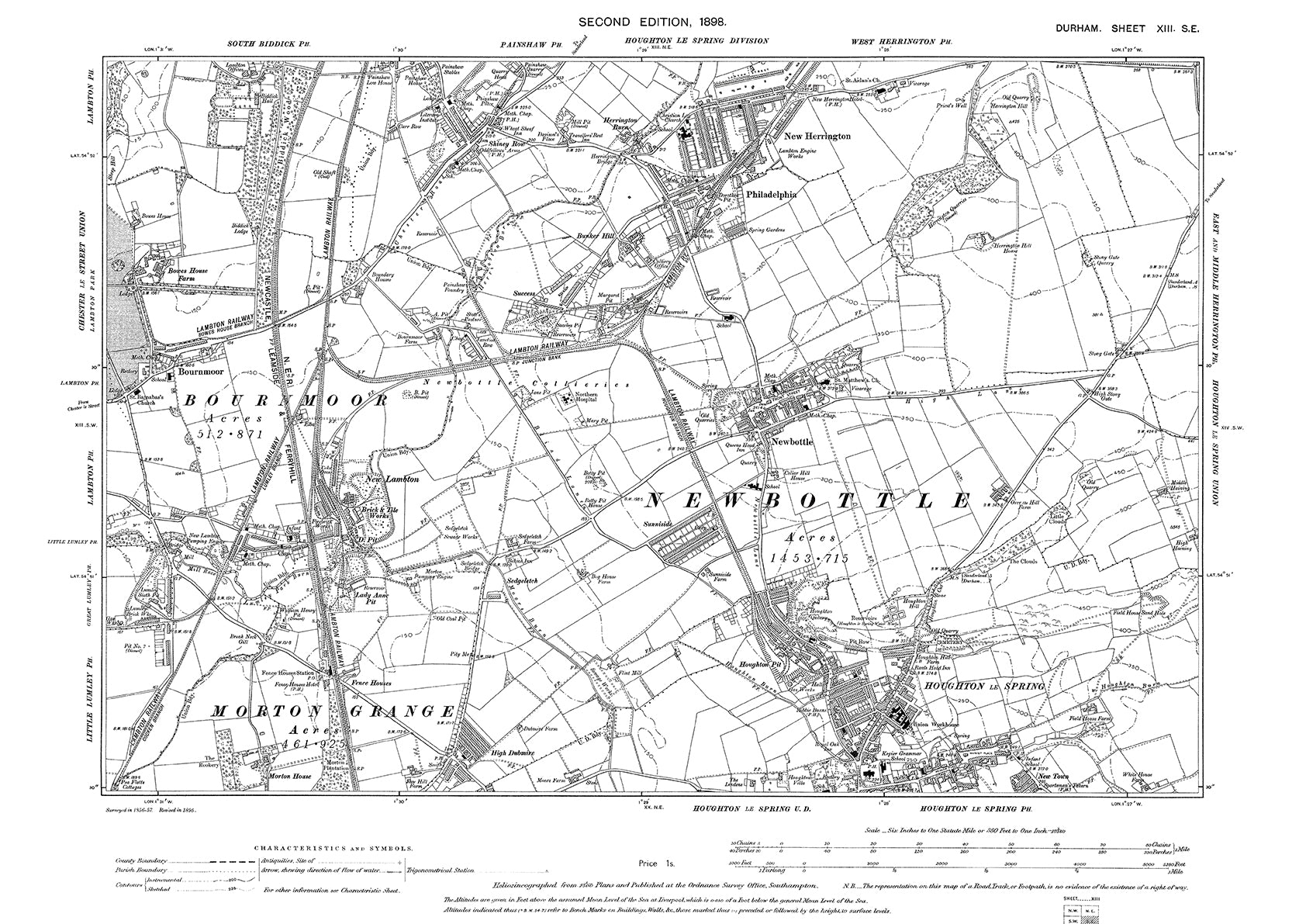 Old OS map dated 1898, showing Houghton le Spring, Newbottle and New H