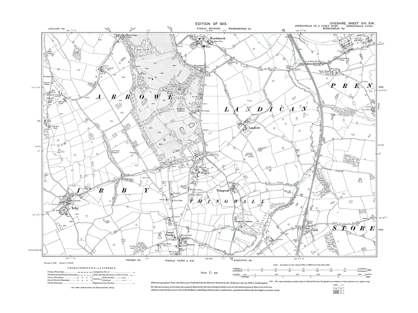 Old OS map dated 1913, showing Woodchurch, Landican, Thingwall, Irby in Cheshire 13SW