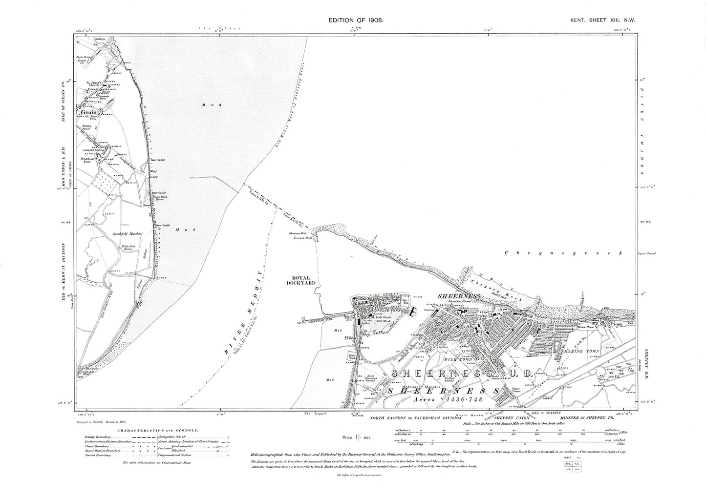 Sheerness, old map Kent 1908: 13NW