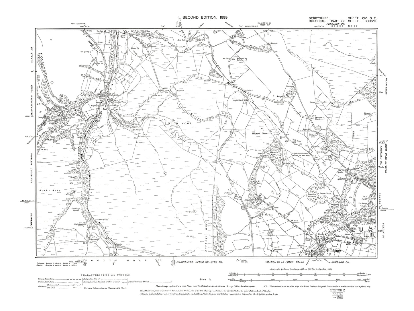 Old OS map dated 1899, showing Burbage (north), Buxton (west) in Derbyshire 14SE