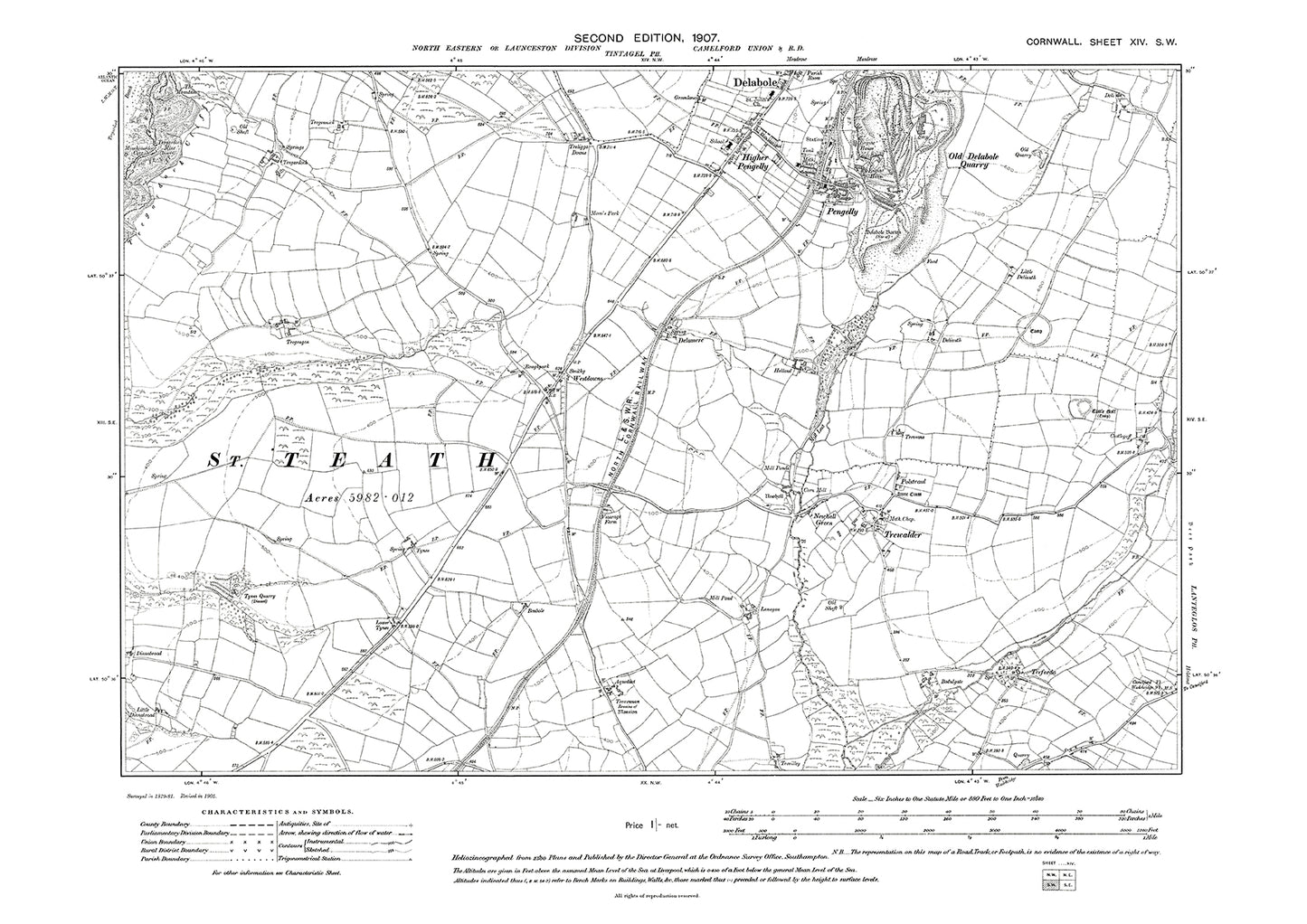 Delabole, Pengelly, Trewalder, Treforda, old map Cornwall 1907: 14SW