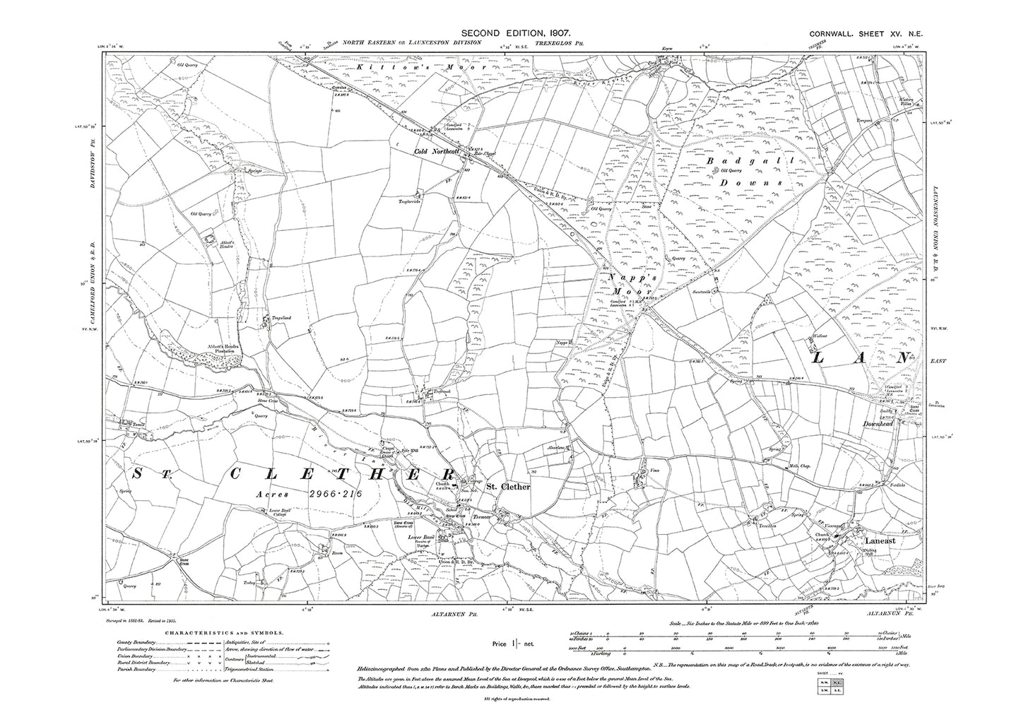 St Clether, Cold Northcott, Laneast, Downhead, old map Cornwall 1907: 15NE