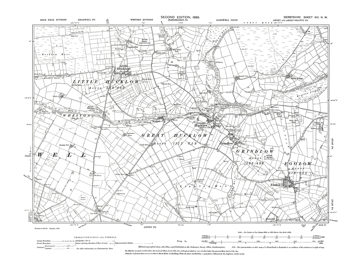Old OS map dated 1899, showing Great Hucklow, Little Hucklow, Grindlow, Foolow in Derbyshire 16NW