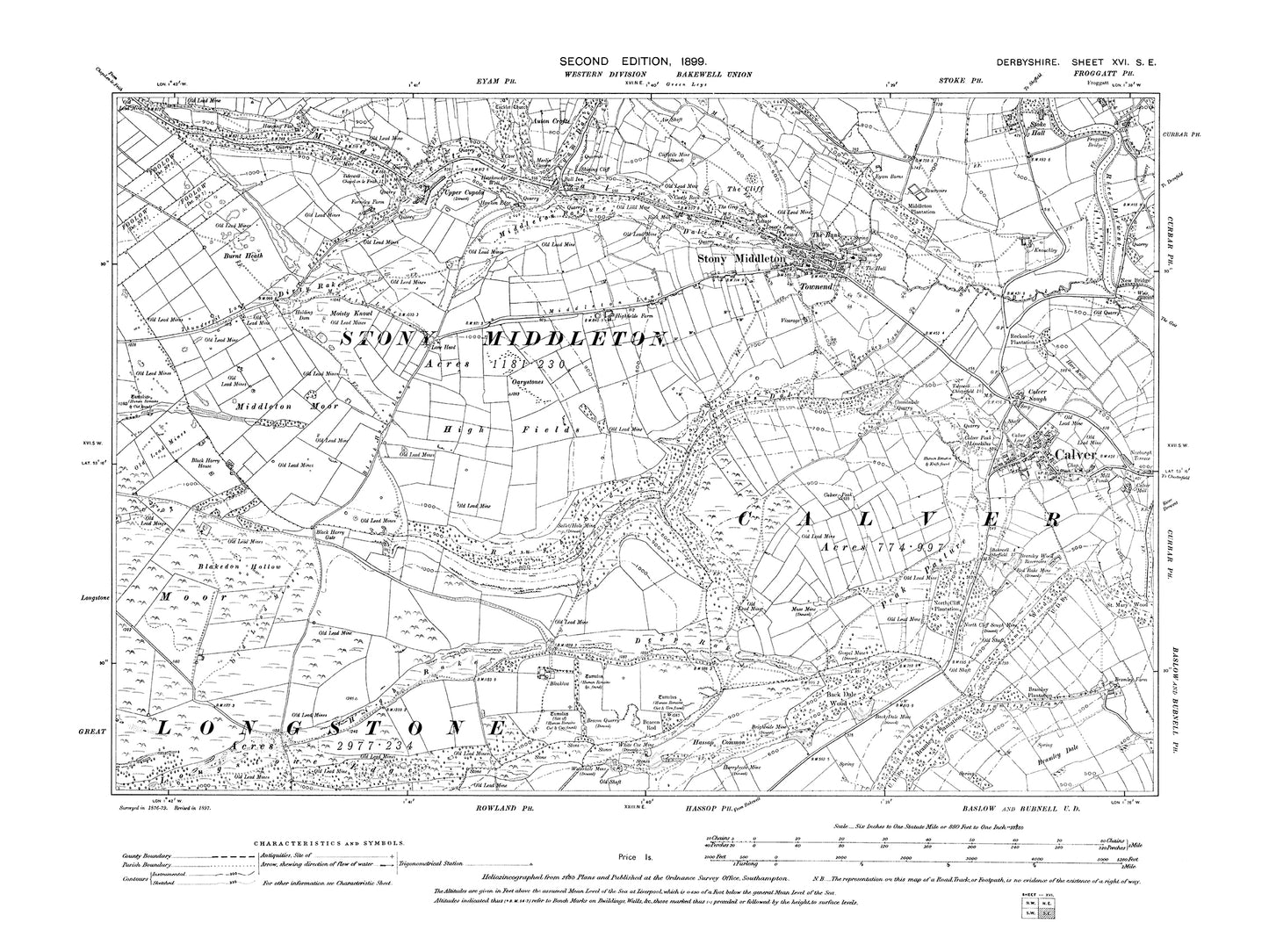 Old OS map dated 1899, showing Stony Middleton, Calver in Derbyshire 16SE