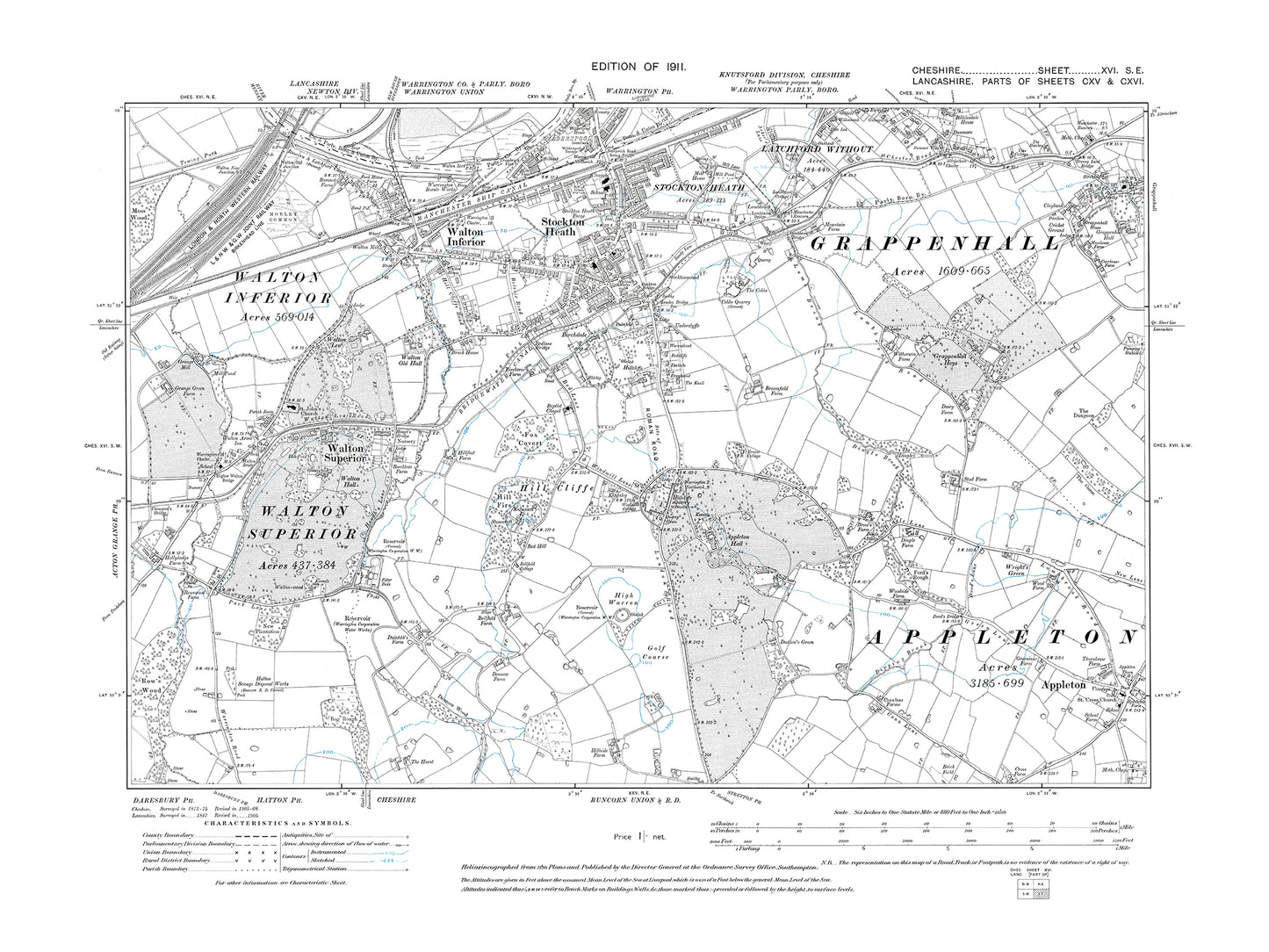 Old OS map dated 1911, showing Stockton Heath, Walton in Cheshire 16SE