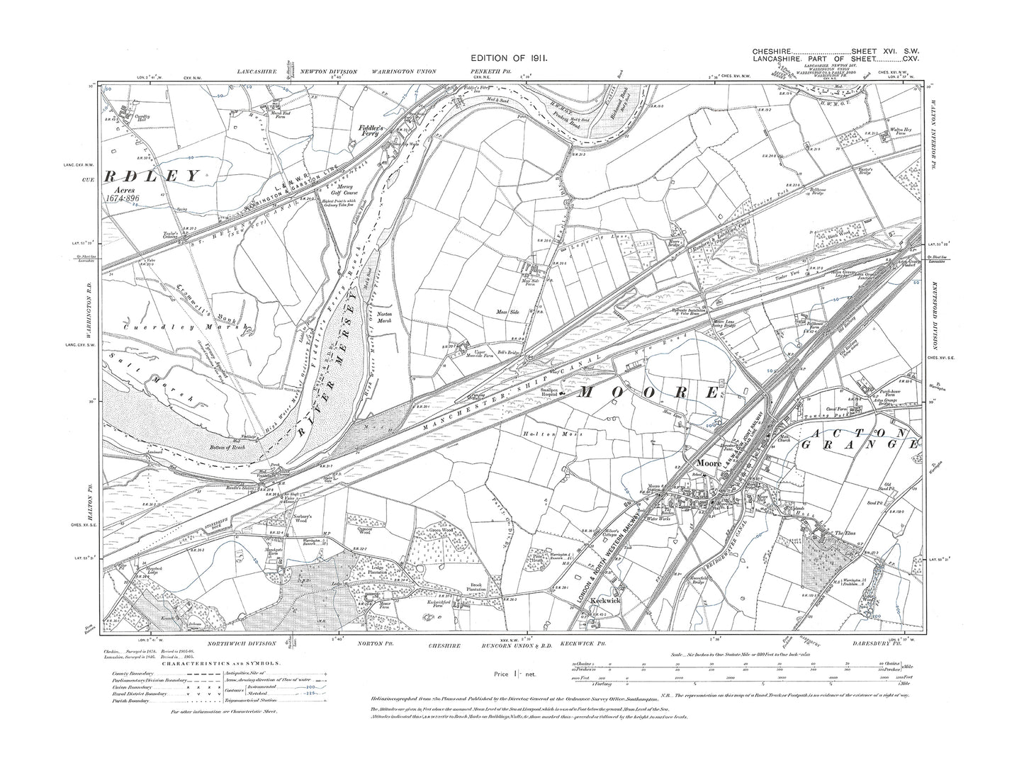 Old OS map dated 1911, showing Moore in Cheshire 16SW