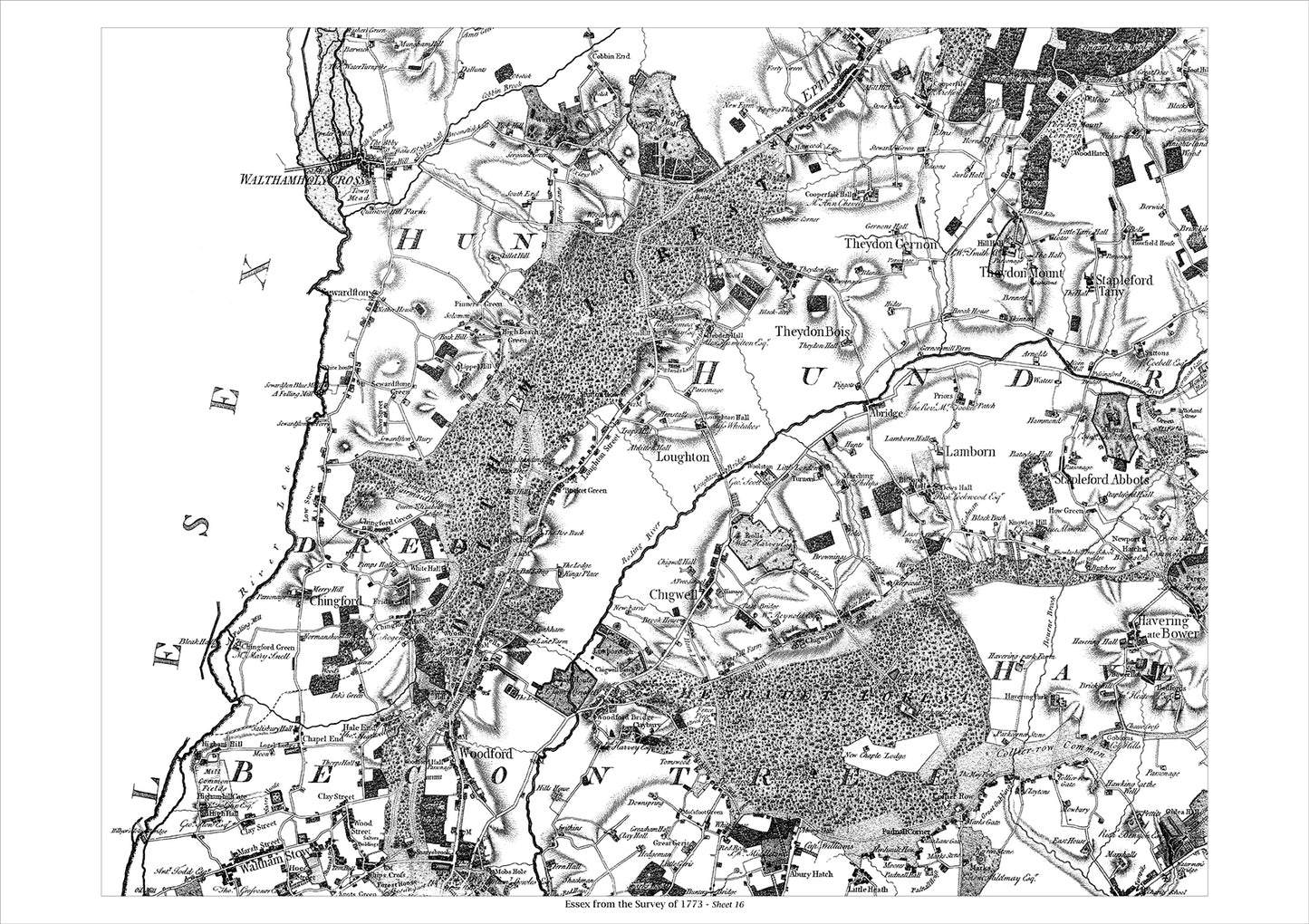 Waltham Cross, Epping, Theydon Bois, Havering, Chingford, old map Essex 1777