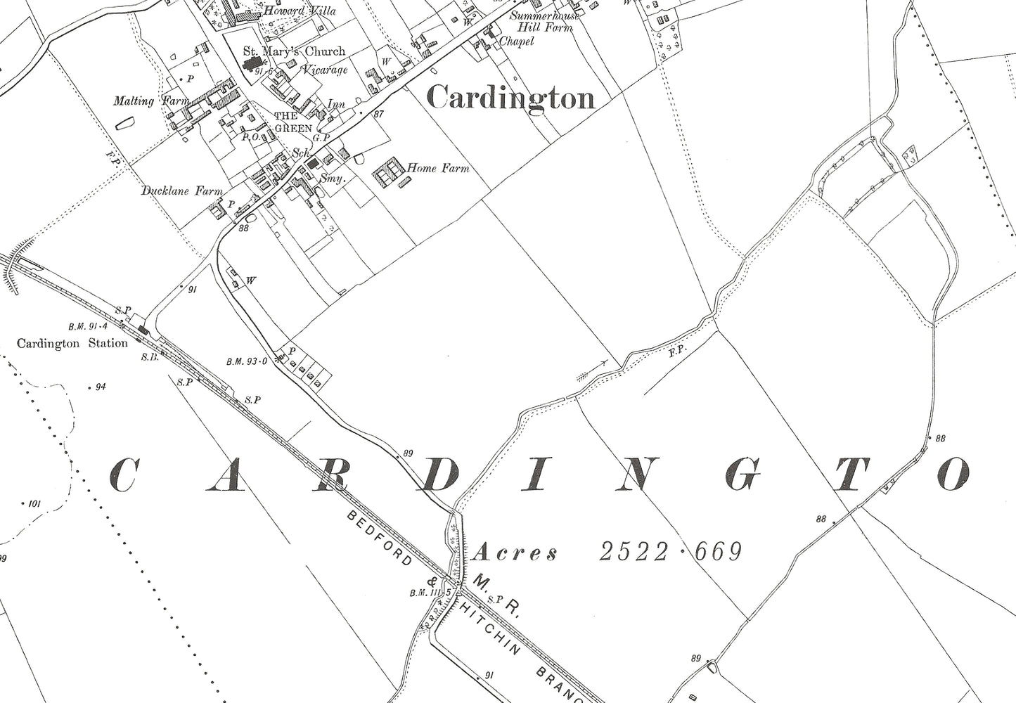 A 1901 map showing Cardington and Cople in Bedfordshire - A Digital Download 0f OS 1:10560 scale map, Beds 17NW