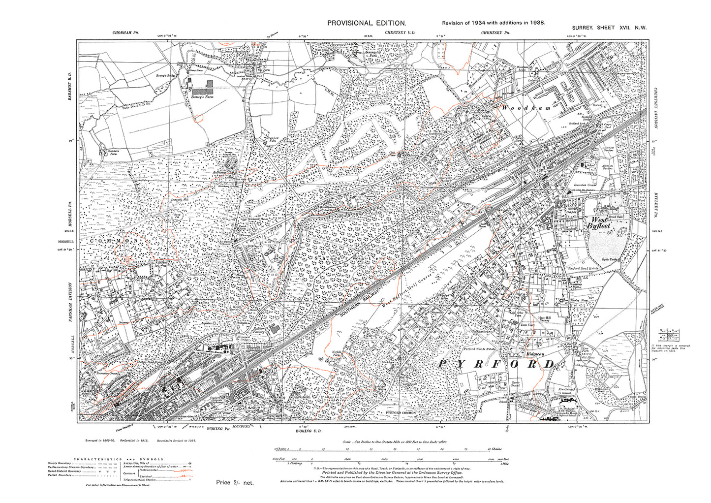 Woking (north), West Byfleet, Pyrford (north) old map Surrey 1938: 17NW