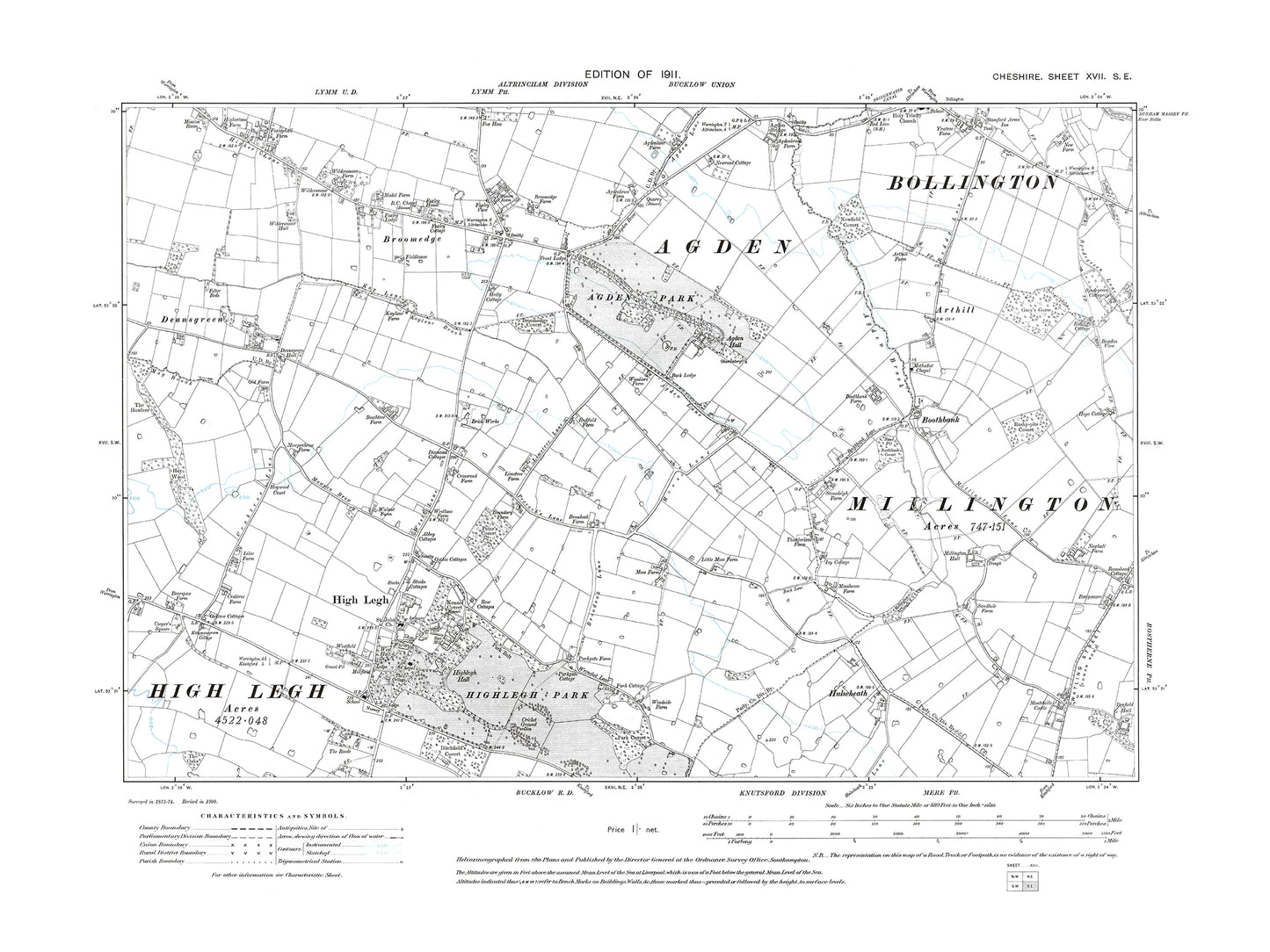 Old OS map dated 1911, showing Bollington (south), High Legh, Deansgreen, Broomedge in Cheshire 17SE