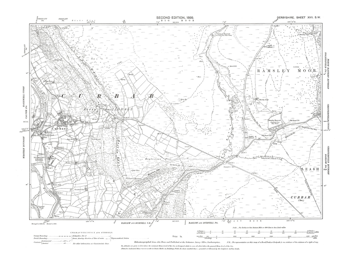 Old OS map dated 1899, showing Curbar in Derbyshire 17SW