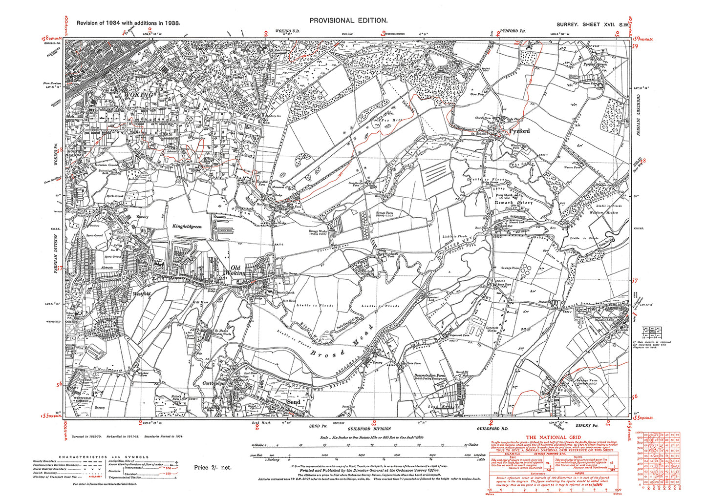 Woking (east), Old Woking, Send (north), Pyrford old map Surrey 1938: 17SW