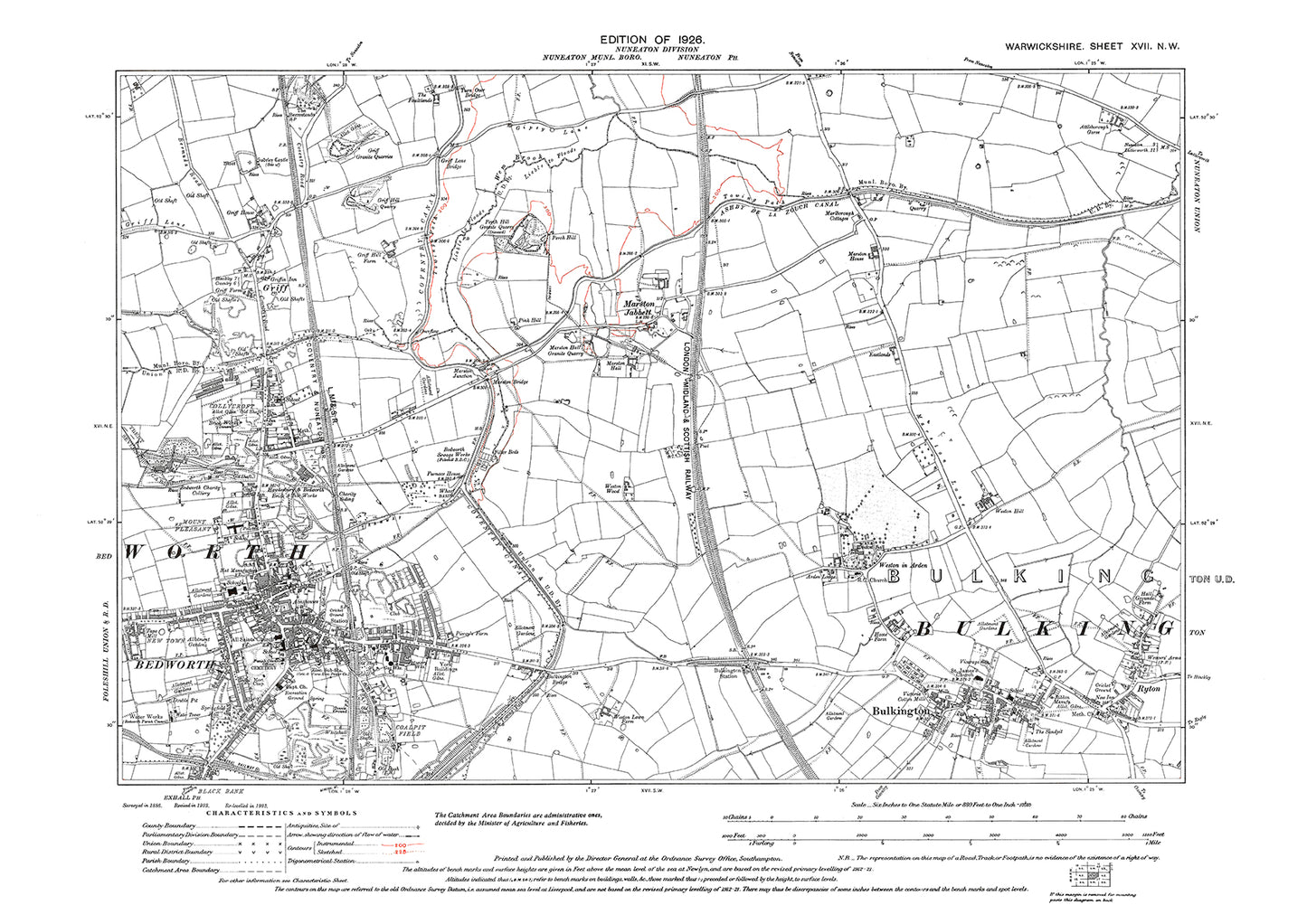 Bedworth, Bulkington, Marston Jabbett, old map Warwickshire 1926: 17NW