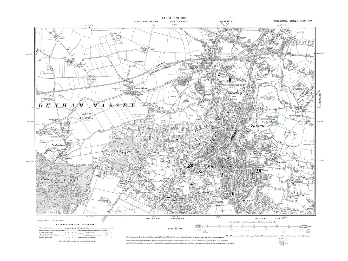 Old OS map dated 1911, showing Altrincham, Bowden (north), Hale (north) in Cheshire 18NW
