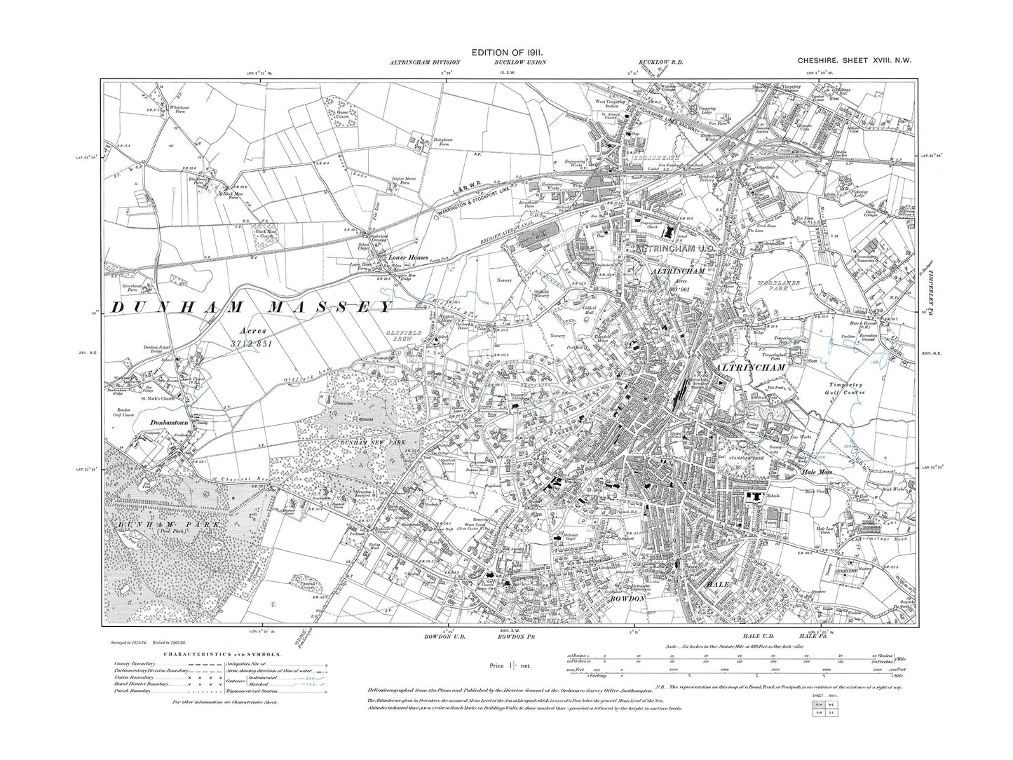 Old OS map dated 1911, showing Altrincham, Lower Houses, Dunhamtown in Cheshire 18NW