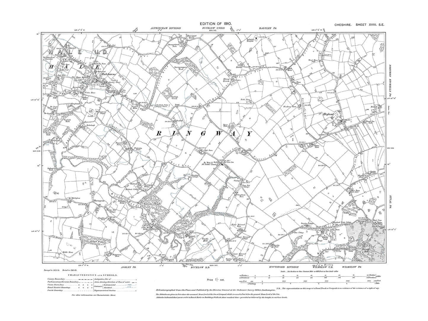 Old OS map dated 1910, showing Hale Barns, Heyhead, site of Manchester Airport in Cheshire 18SE