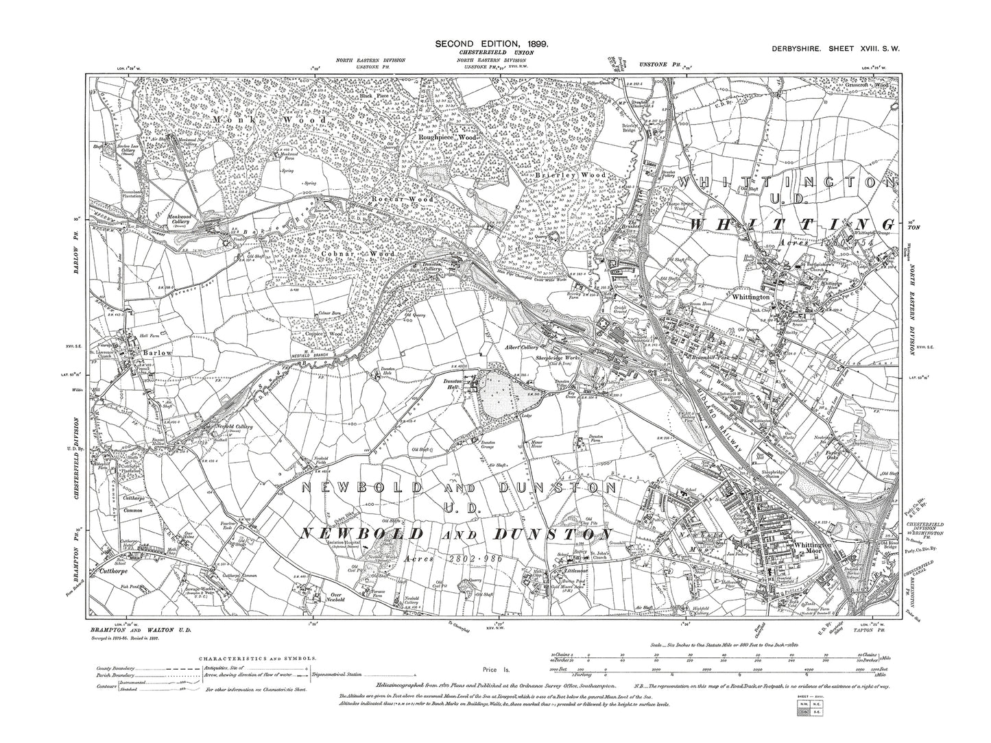 Old OS map dated 1899, showing Whittington Moor, Whittington, Barlow in Derbyshire 18SW