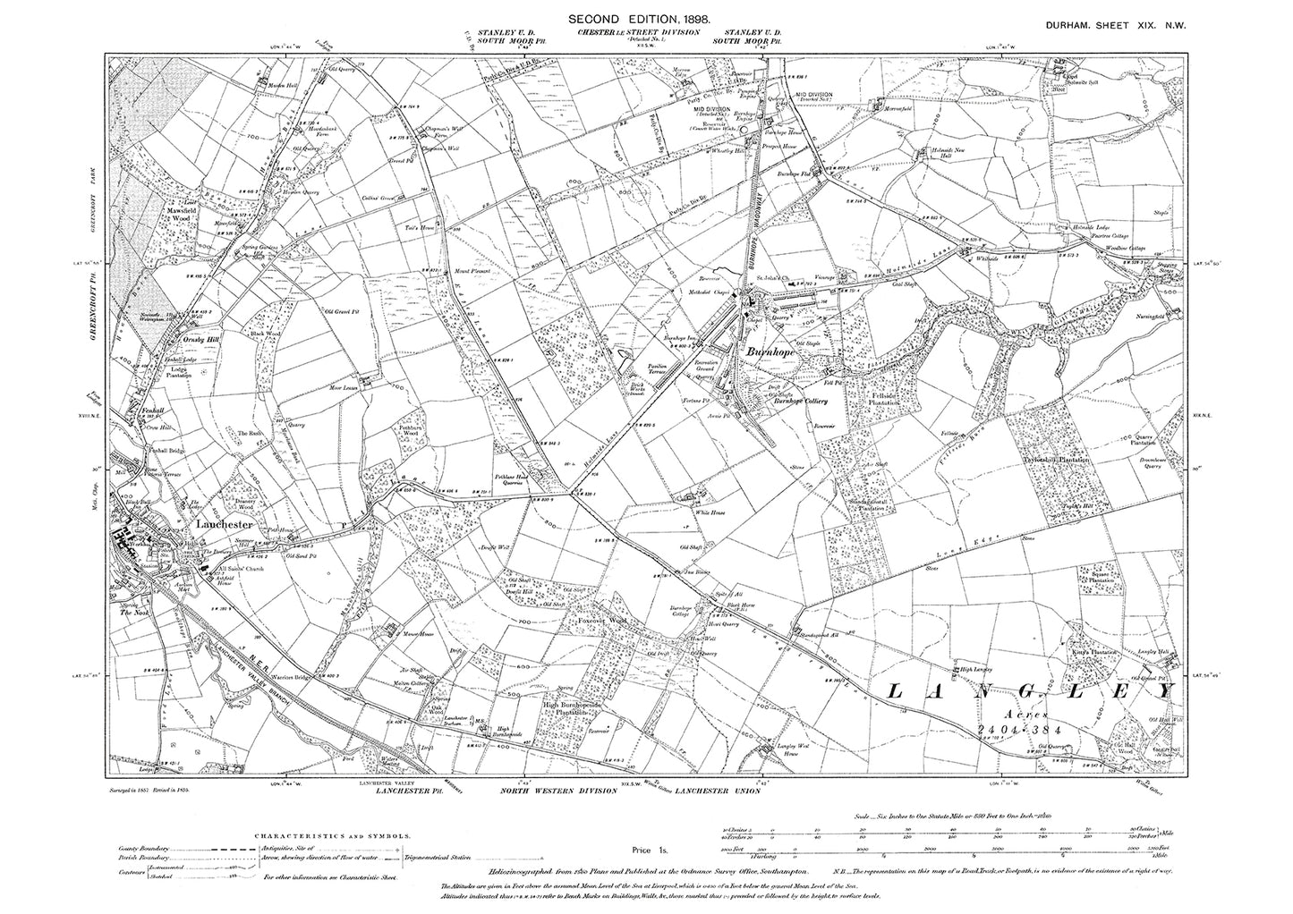 Old OS map dated 1898, showing Lanchester (east) and Burnhope in Durham - 19NW
