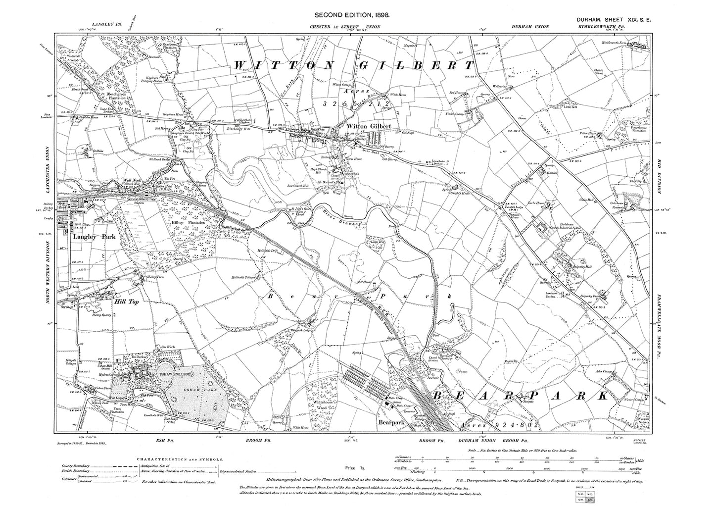 Old OS map dated 1898, showing Witton Gilbert, Langley Park and Ushaw College in Durham - 19SE
