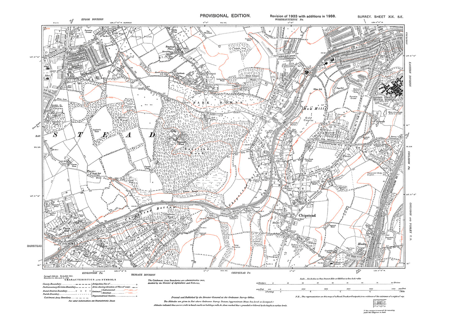 Banstead (south), Park Downs, Chipstead, How Hills, London County Hospital old map Surrey 1938: 19SE