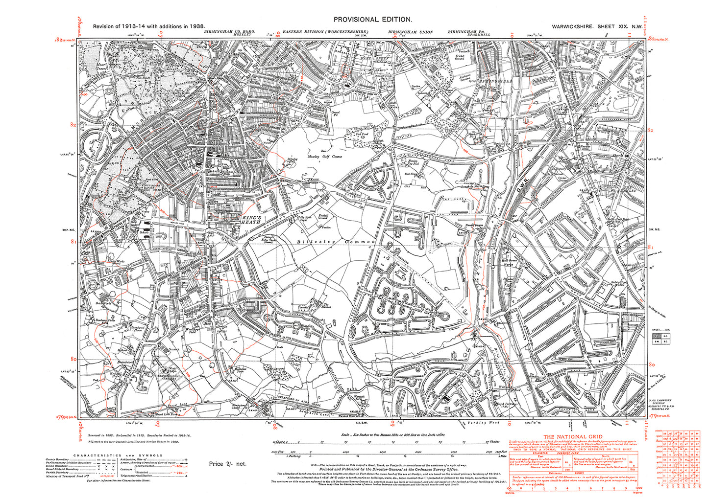 Birmingham (Worcs), Kings Heath, Springfield, old map Warwickshire 1938: 19NW