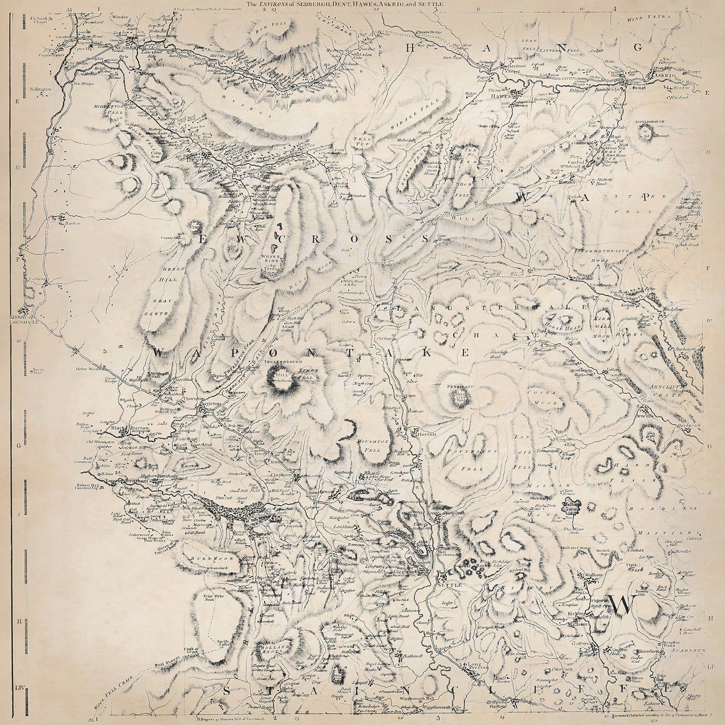 Yorkshire in 1771 sheet 2-1 - shows the Sedbergh, Dent, hawes, Askrigg and Settle area
